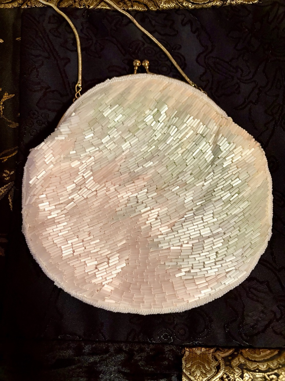 Amazing Le Regale Vintage & New Hand-Beaded Round Clutch with Chain
